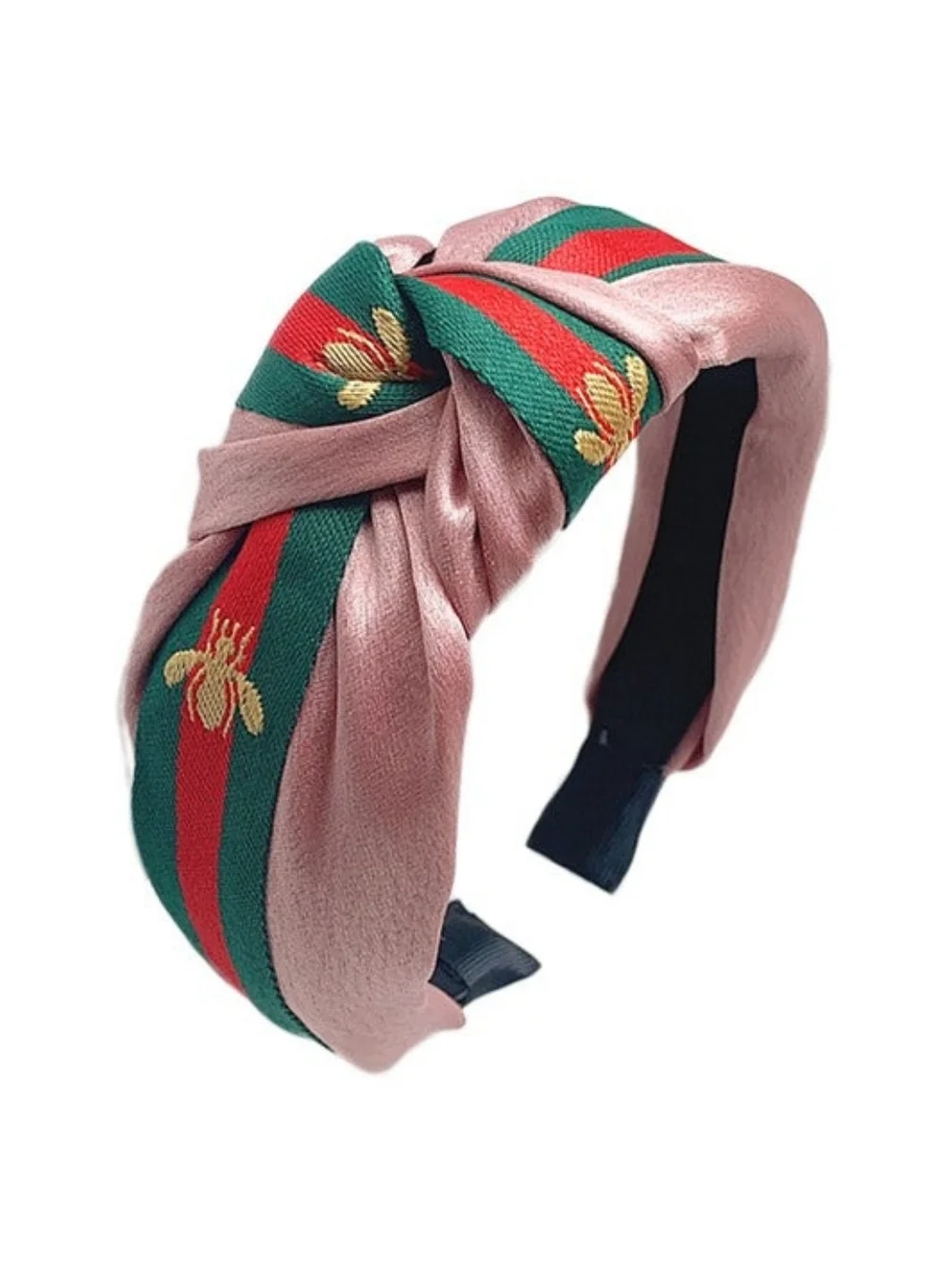 Luxe Satin Pink Knotted Stripe Headband with Embroidered Bee